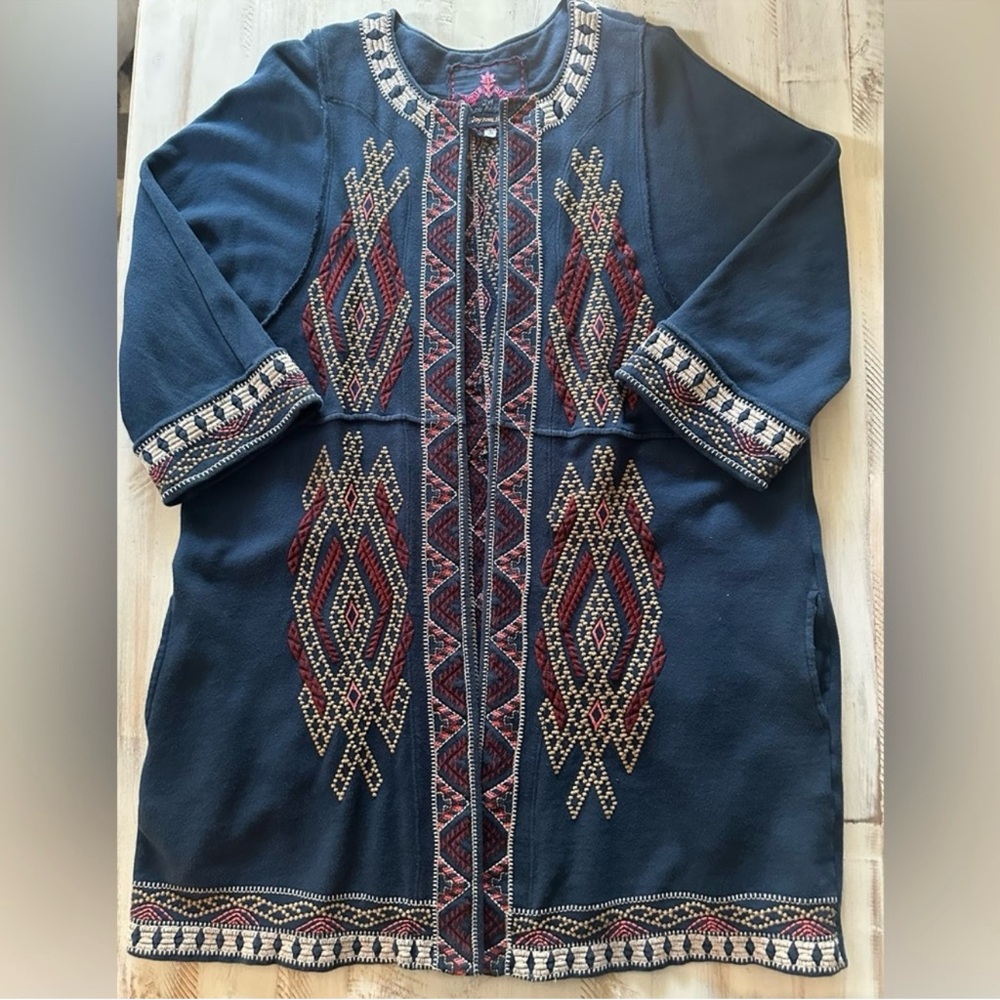 Johnny Was JWLA Sophie Embroidered Coat Navy Blue Cardigan Kimono Duster Boho